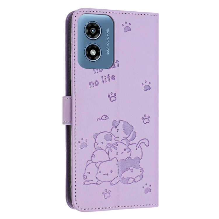 For Motorola Moto G Play 4G 2024 Embossed Kitten Phone Leather Case with Lanyard(Purple)