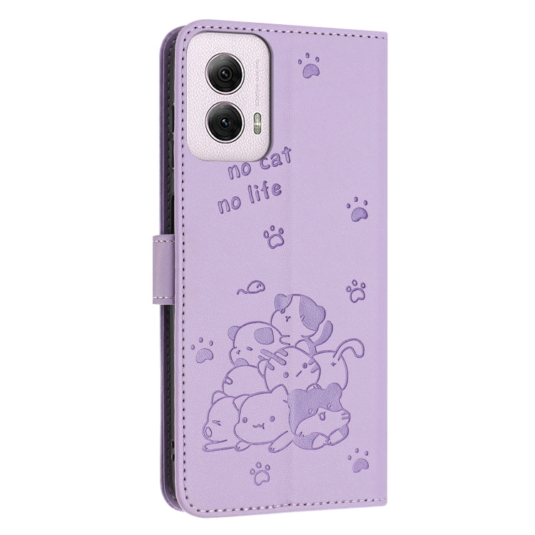 For Motorola Moto G Power 5G 2024 Embossed Kitten Phone Leather Case with Lanyard(Purple)