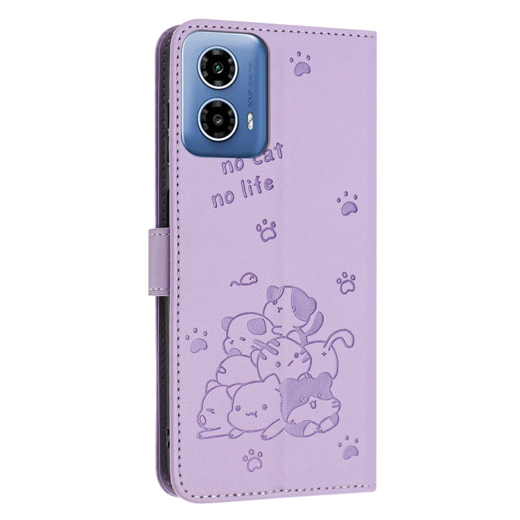 For Motorola Moto G Stylus 5G 2024 Embossed Kitten Phone Leather Case with Lanyard(Purple)