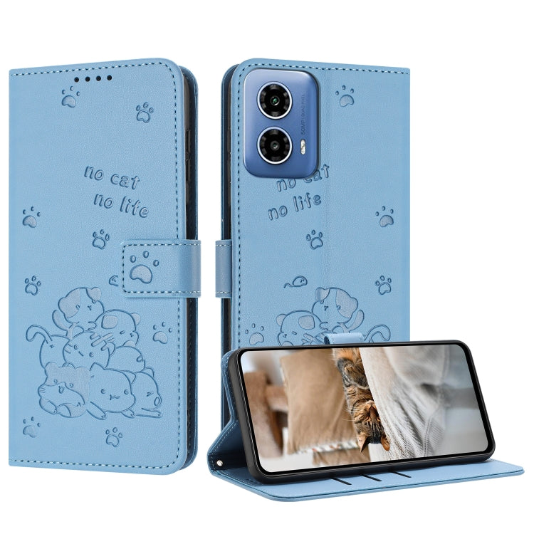 For Motorola Moto G Stylus 5G 2024 Embossed Kitten Phone Leather Case with Lanyard(Blue)