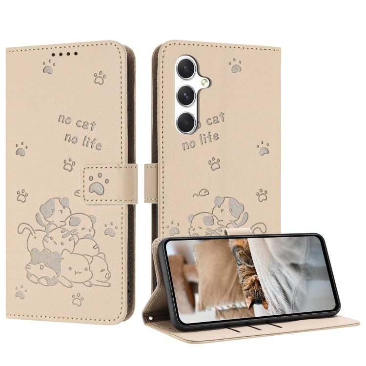 For Samsung Galaxy S25 / S24 5G Embossed Kitten Phone Leather Case with Lanyard(Beige)