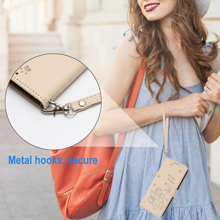 For Samsung Galaxy S25 / S24 5G Embossed Kitten Phone Leather Case with Lanyard(Beige)
