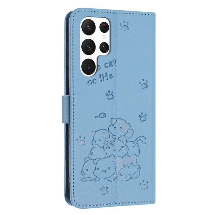 For Samsung Galaxy S25 Ultra 5G Embossed Kitten Phone Leather Case with Lanyard(Blue)