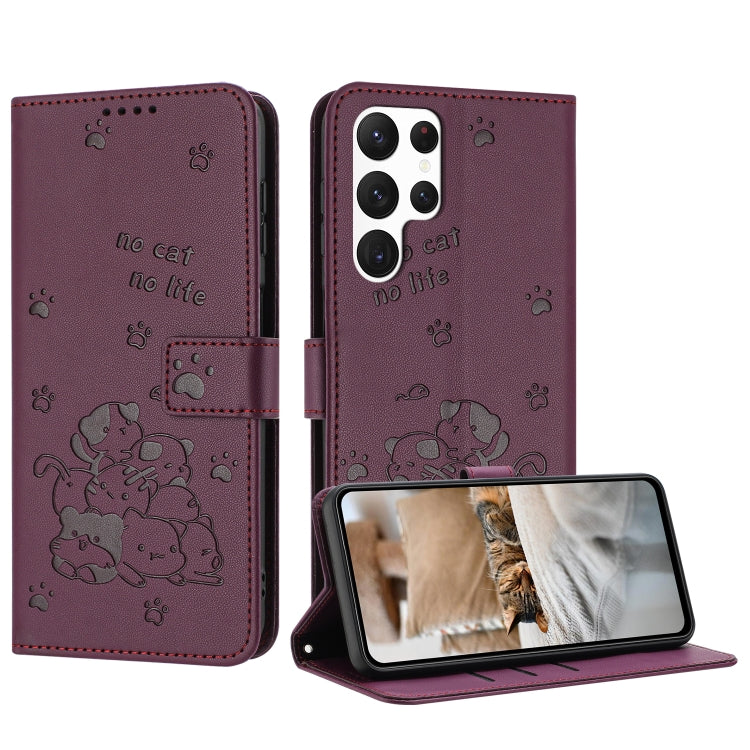 For Samsung Galaxy S25 Ultra 5G Embossed Kitten Phone Leather Case with Lanyard(Wine Red)