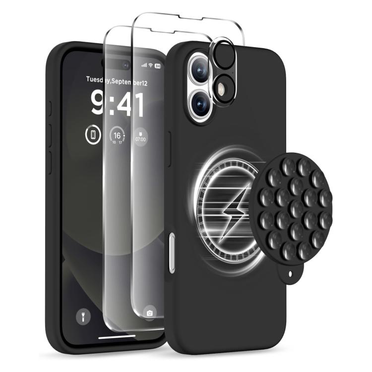 For iPhone 16 Plus Silicone Suction Cup MagSafe Phone Case with Screen Film & Lens Film(Black) - free shipping - PMC Jewellery - Order now!