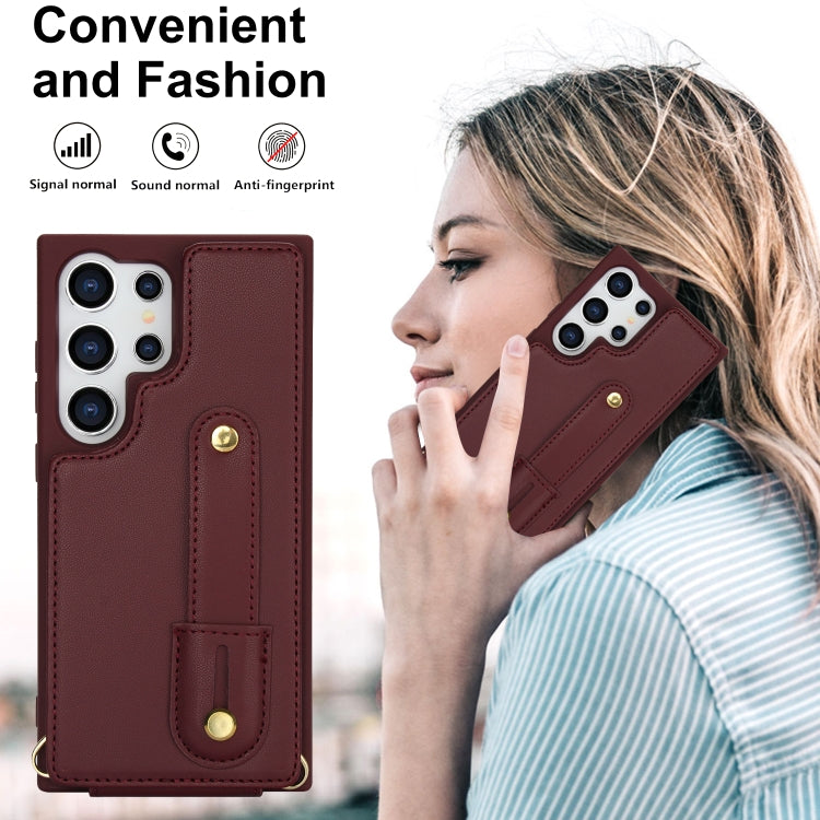 For Samsung Galaxy S25 Ultra 5G Wristband Vertical Flip Wallet Back Cover Phone Case with Long Lanyard(Wine Red)