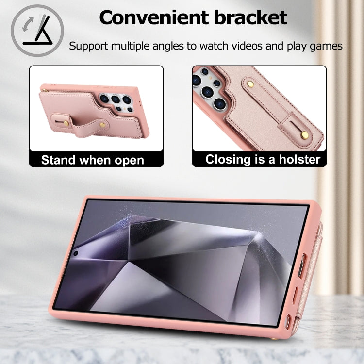 For Samsung Galaxy S25 Ultra 5G Wristband Vertical Flip Wallet Back Cover Phone Case with Long Lanyard(Rose Gold)