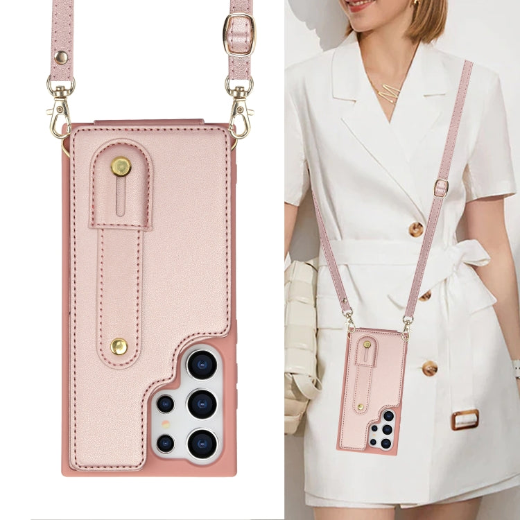 For Samsung Galaxy S25 Ultra 5G Wristband Vertical Flip Wallet Back Cover Phone Case with Long Lanyard(Rose Gold)