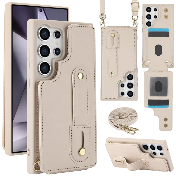 For Samsung Galaxy S25 Ultra 5G Wristband Vertical Flip Wallet Back Cover Phone Case with Long Lanyard(White)