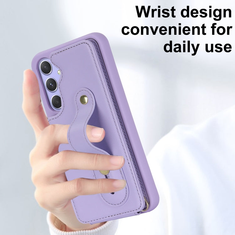 For Samsung Galaxy S25+ 5G Wristband Vertical Flip Wallet Back Cover Phone Case with Long Lanyard(Purple)