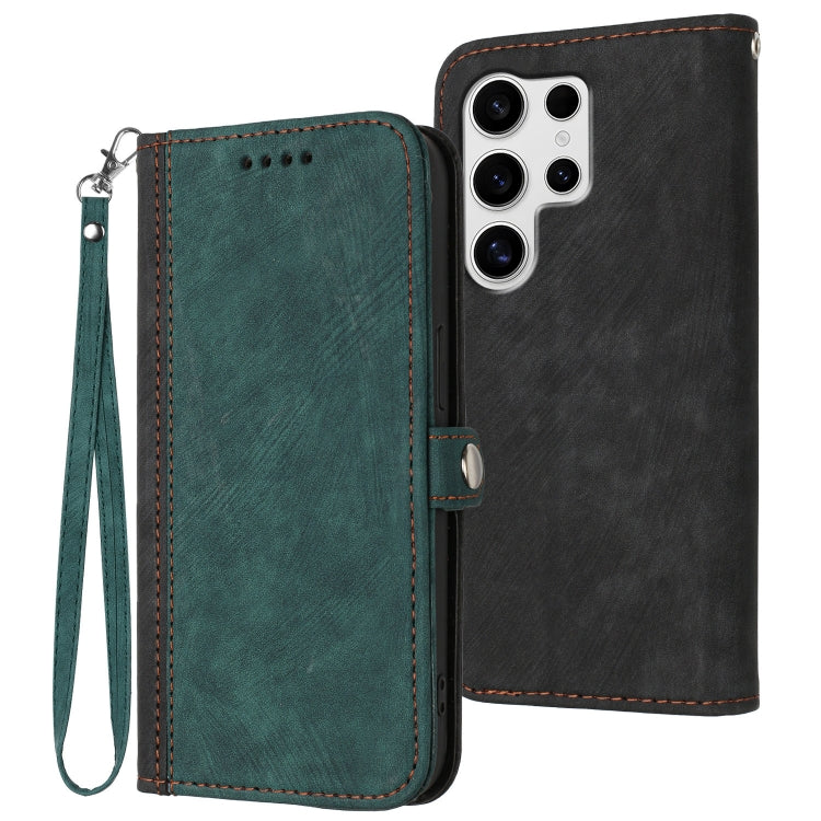 For Samsung Galaxy S25 Ultra 5G Side Buckle Double Fold Hand Strap Leather Phone Case(Dark Green)