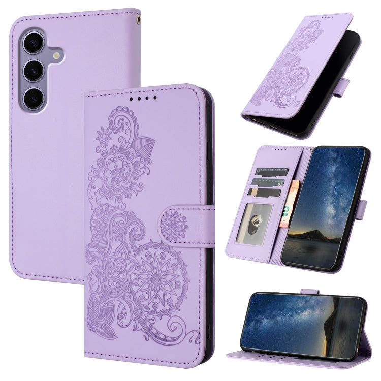 For Samsung Galaxy S25 5G Datura Flower Embossed Flip Leather Phone Case(Purple)