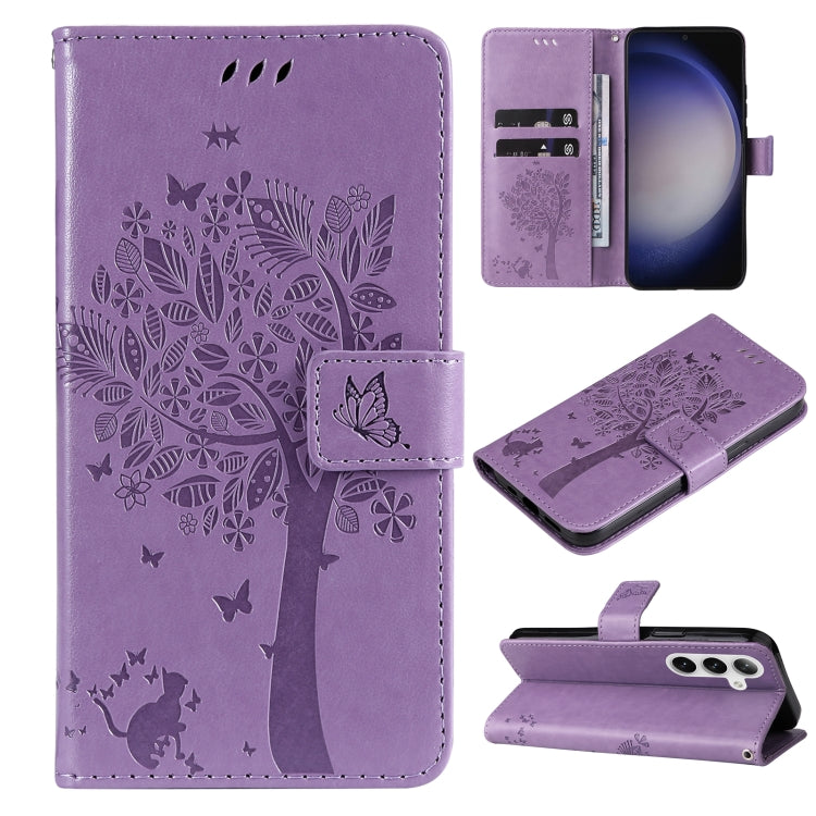 For Samsung Galaxy S25 / S24 5G Tree & Cat Embossed Pattern Flip Leather Phone Case(Light Purple)