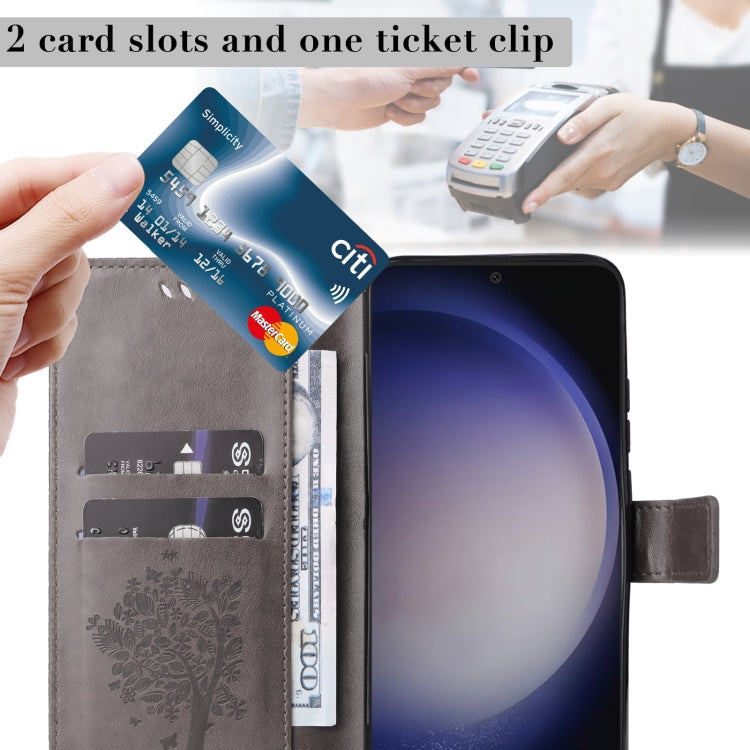 For Samsung Galaxy S25 / S24 5G Tree & Cat Embossed Pattern Flip Leather Phone Case(Grey) - Galaxy S25 5G Cases by PMC Jewellery | Online Shopping South Africa | PMC Jewellery | Buy Now Pay Later Mobicred