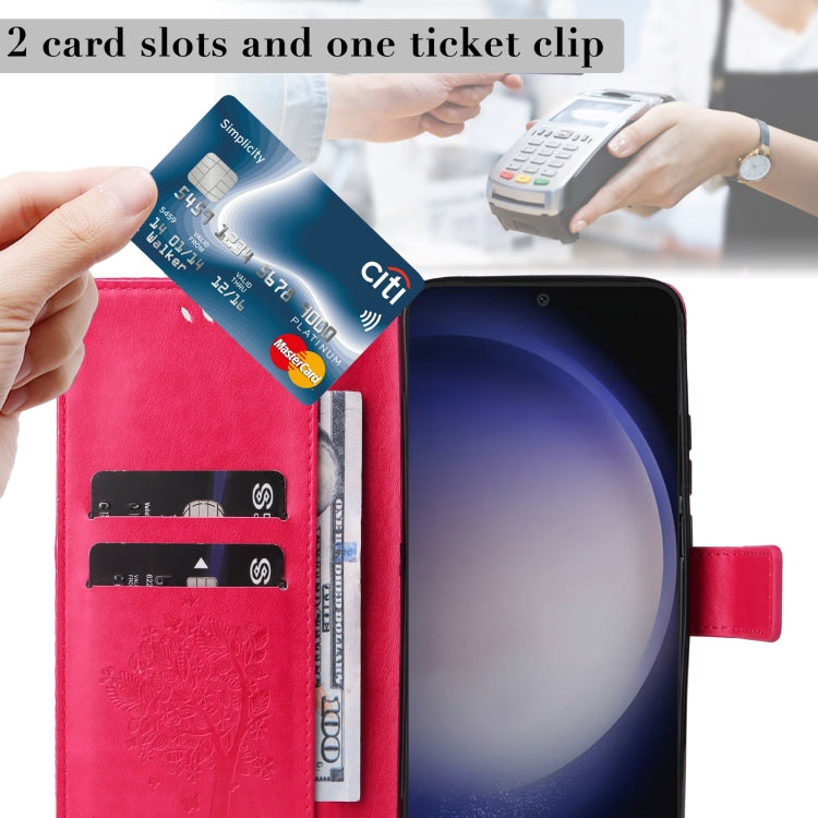 For Samsung Galaxy S25 / S24 5G Tree & Cat Embossed Pattern Flip Leather Phone Case(Rose Red) - Galaxy S25 5G Cases by PMC TechLife | Online Shopping South Africa | PMC TechLife | Buy Now Pay Later Mobicred