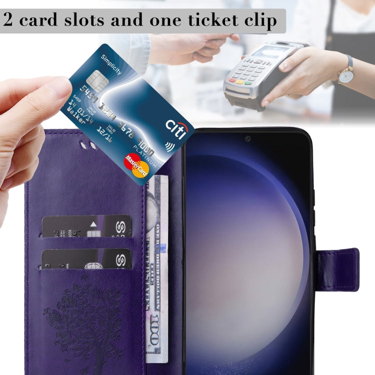 For Samsung Galaxy S25 / S24 5G Tree & Cat Embossed Pattern Flip Leather Phone Case(Purple) - Galaxy S25 5G Cases by PMC Jewellery | Online Shopping South Africa | PMC Jewellery | Buy Now Pay Later Mobicred