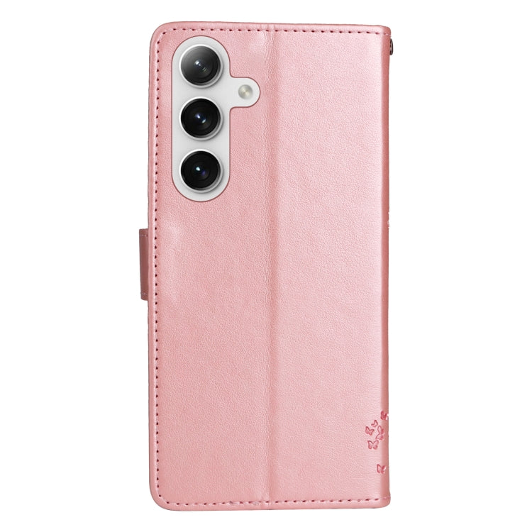 For Samsung Galaxy S25 / S24 5G Tree & Cat Embossed Pattern Flip Leather Phone Case(Rose Gold)