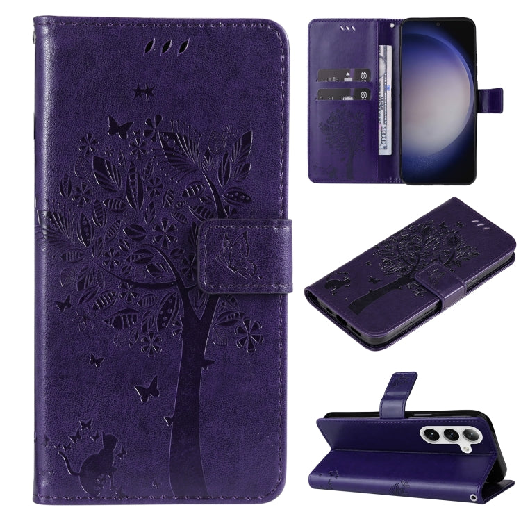 For Samsung Galaxy S25+ / S24+ 5G Tree & Cat Embossed Pattern Flip Leather Phone Case(Purple)