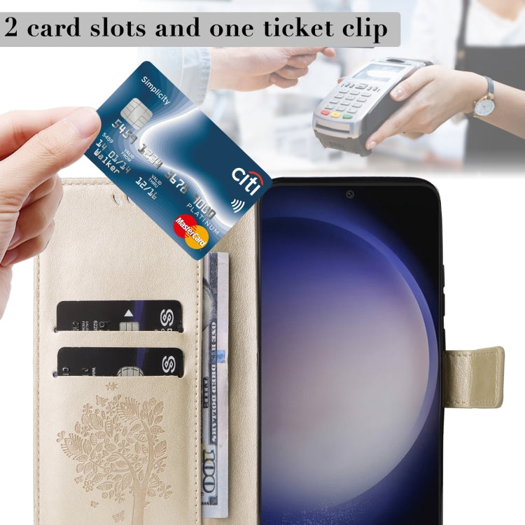 For Samsung Galaxy S25+ / S24+ 5G Tree & Cat Embossed Pattern Flip Leather Phone Case(Gold) - Galaxy S25+ 5G Cases by PMC Jewellery | Online Shopping South Africa | PMC Jewellery | Buy Now Pay Later Mobicred
