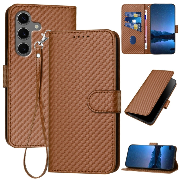For Samsung Galaxy S25+ 5G YX0070 Carbon Fiber Buckle Leather Phone Case with Lanyard(Coffee)