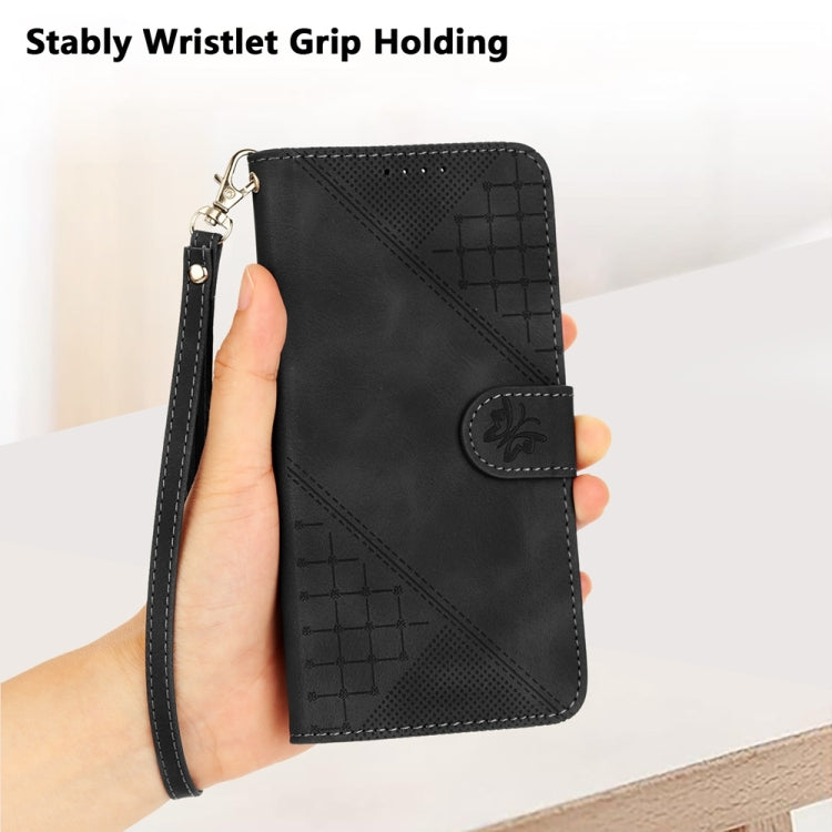 For Samsung Galaxy S25 5G Grid Butterfly Embossed Pattern Leather Phone Case with Lanyard(Black)