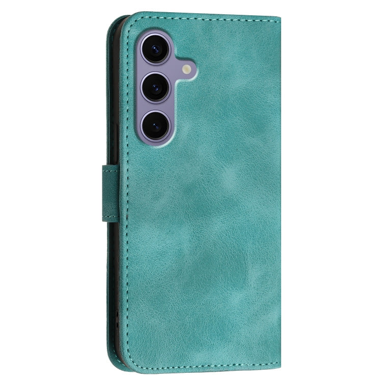 For Samsung Galaxy S25 5G Grid Butterfly Embossed Pattern Leather Phone Case with Lanyard(Light Blue)