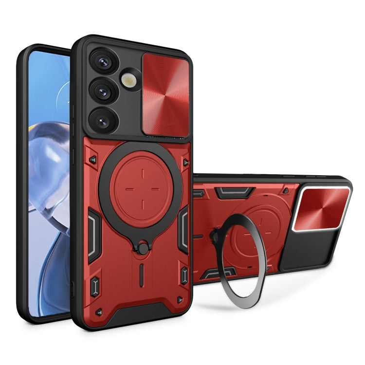 For Samsung Galaxy S25 5G CD Texture Sliding Camshield Magnetic Holder Phone Case(Red)