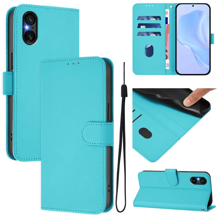 For Sony Xperia 5 VI 2024 Skin Feel Solid Color Leather Phone Case with Lanyard(Lake Blue)