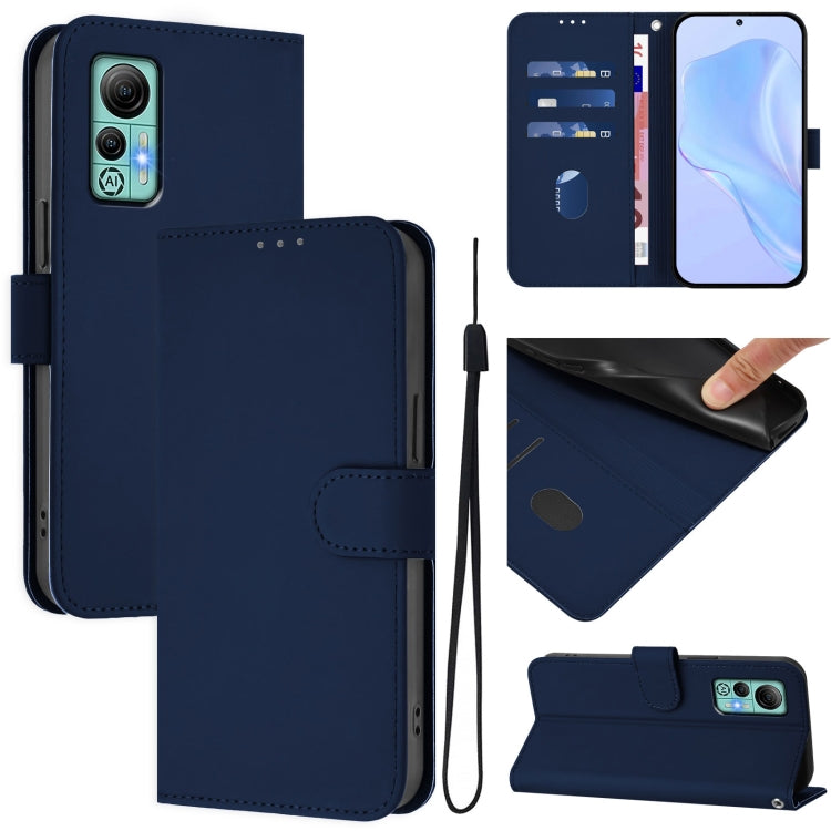 For Ulefone Note 14 Skin Feel Solid Color Leather Phone Case with Lanyard(Navy Blue)
