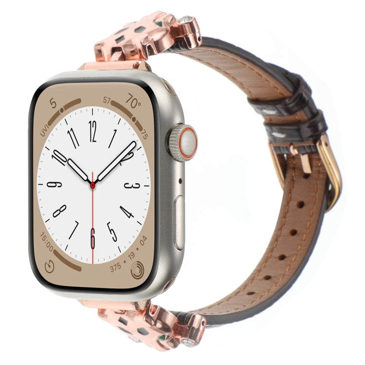 For Apple Watch 42mm / 41mm / 40mm / 38mm Leopard Head Bamboo Texture Leather Watch Band(Rose Gold Brown)