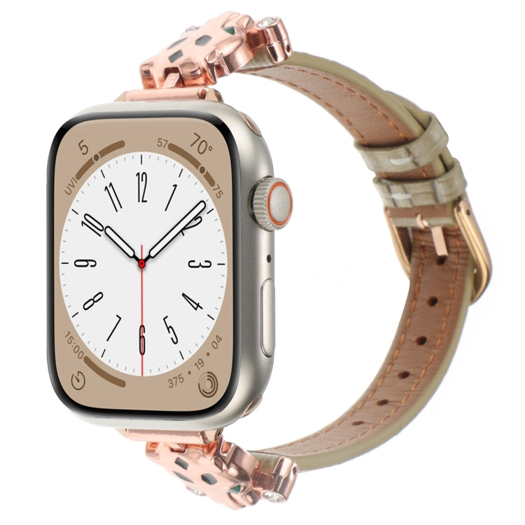 For Apple Watch 42mm / 41mm / 40mm / 38mm Leopard Head Bamboo Texture Leather Watch Band(Rose Gold Khaki)