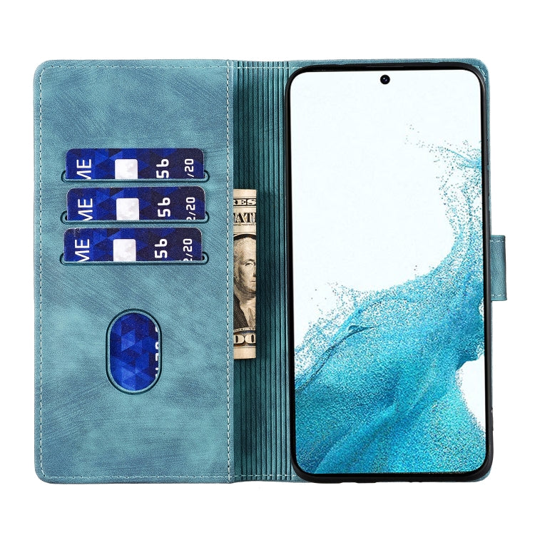For Samsung Galaxy S25 5G Pen Heart Cat Embossed Leather Phone Case(Blue)