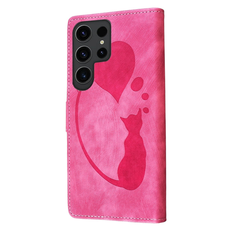 For Samsung Galaxy S25 Ultra 5G Pen Heart Cat Embossed Leather Phone Case(Pink)
