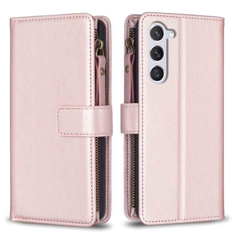 For Samsung Galaxy S25 5G 9 Card Slots Zipper Wallet Leather Flip Phone Case(Rose Gold)
