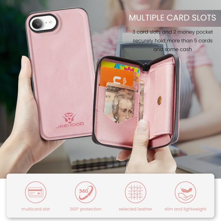 For iPhone 16e JEEHOOD J02 Magnetic Zipper Horizontal Flip Leather Phone Case(Pink) - free shipping - PMC Jewellery - Order now!