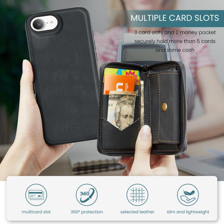 For iPhone 16e JEEHOOD J02 Magnetic Zipper Horizontal Flip Leather Phone Case(Black) - free shipping - PMC Jewellery - Order now!