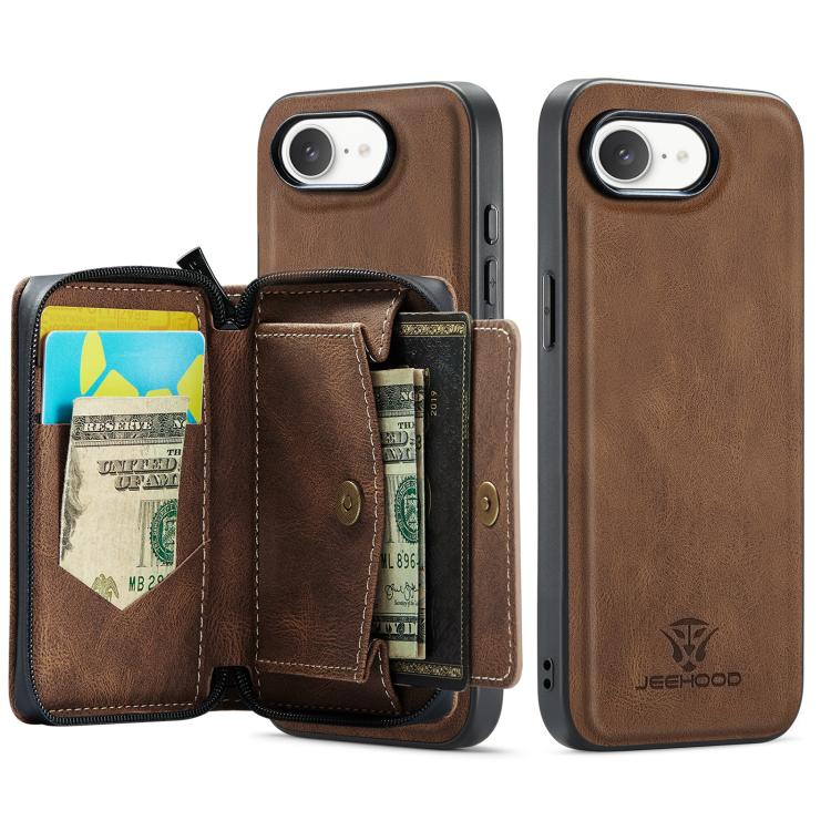 For iPhone 16e JEEHOOD J02 Magnetic Zipper Horizontal Flip Leather Phone Case(Brown) - free shipping - PMC Jewellery - Order now!
