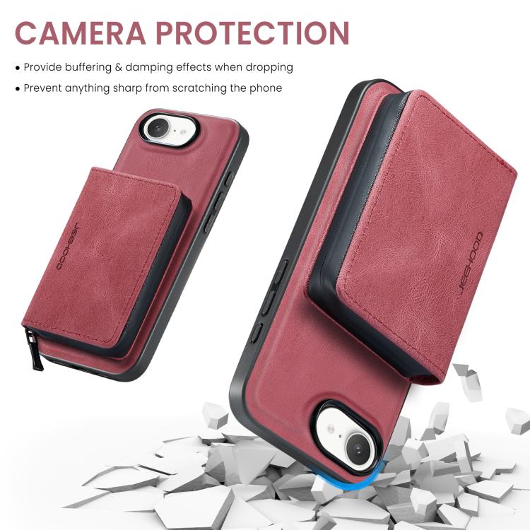 For iPhone 16e JEEHOOD J02 Magnetic Zipper Horizontal Flip Leather Phone Case(Red) - free shipping - PMC Jewellery - Order now!