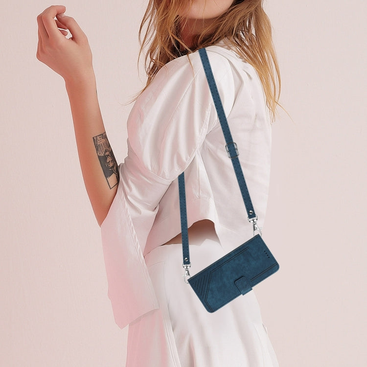 For Samsung Galaxy S25+ / S24+ 5G Skin Feel Stripe Pattern Leather Phone Case with Long Lanyard(Blue) - Galaxy S25+ 5G Cases by PMC Jewellery | Online Shopping South Africa | PMC Jewellery | Buy Now Pay Later Mobicred