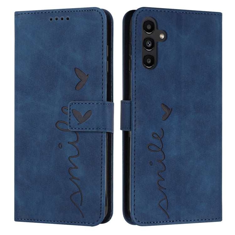For Samsung Galaxy S25+ / S24+ 5G Skin Feel Heart Embossed Leather Phone Case with Long Lanyard(Blue)
