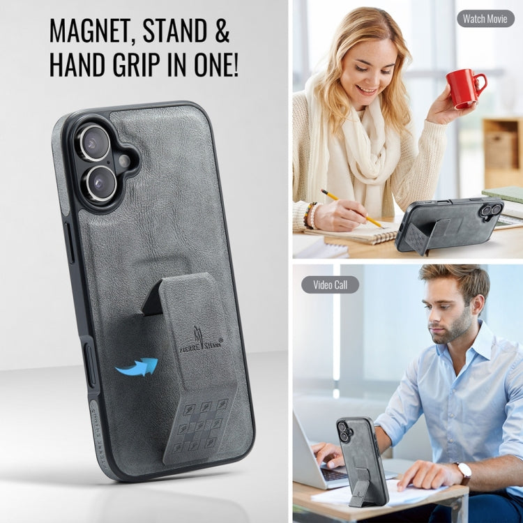 For iPhone 16 Plus Fierre Shann Oil Wax Cow Leather Holder Back Phone Case(Grey)