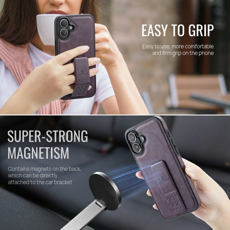 For iPhone 16 Plus Fierre Shann Oil Wax Cow Leather Holder Back Phone Case(Purple)
