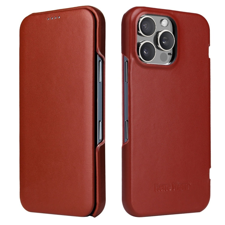 For iPhone 16 Pro Fierre Shann Top Layer Cowhide Business Magnetic Leather Phone Case(Brown)