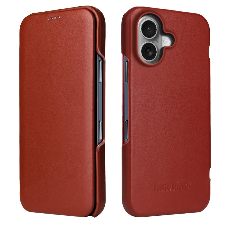 For iPhone 16 Plus Fierre Shann Top Layer Cowhide Business Magnetic Leather Phone Case(Brown)