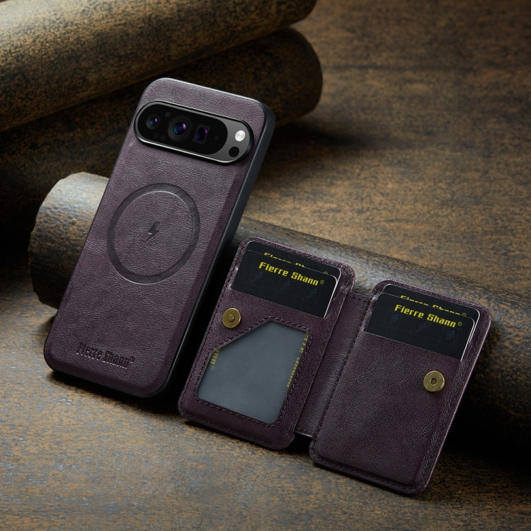 For Google Pixel 9 Pro XL Fierre Shann Cowhide Horizontal Flip Magnetic Card Holder Phone Case(Purple)