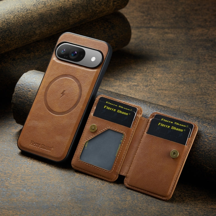 For Google Pixel 9 / 9 Pro Fierre Shann Cowhide Horizontal Flip Magnetic Card Holder Phone Case(Brown)