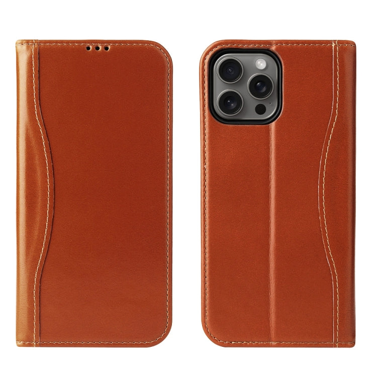 For iPhone 16 Pro Fierre Shann Cowhide Leather Flip Leather Phone Case(Brown)