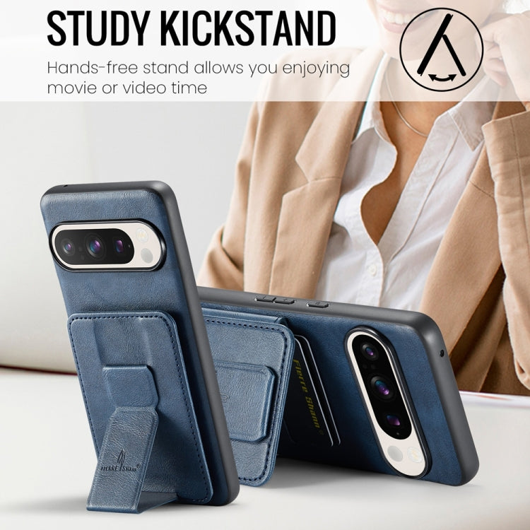 For Google Pixel 9 Pro XL Fierre Shann Oil Wax Cow Leather Card Holder Back Phone Case(Blue)