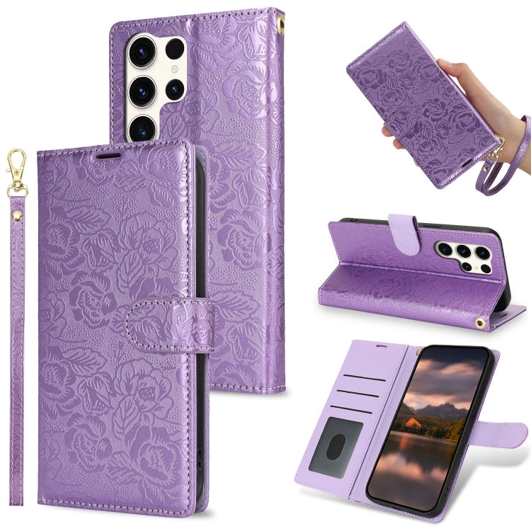 For Samsung Galaxy S25 Ultra 5G Peony Flowers Imprint Leather Phone Case(Purple)
