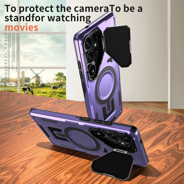 For Samsung Galaxy S25+ 5G Shield Frame Holder MagSafe Phone Case(Purple)